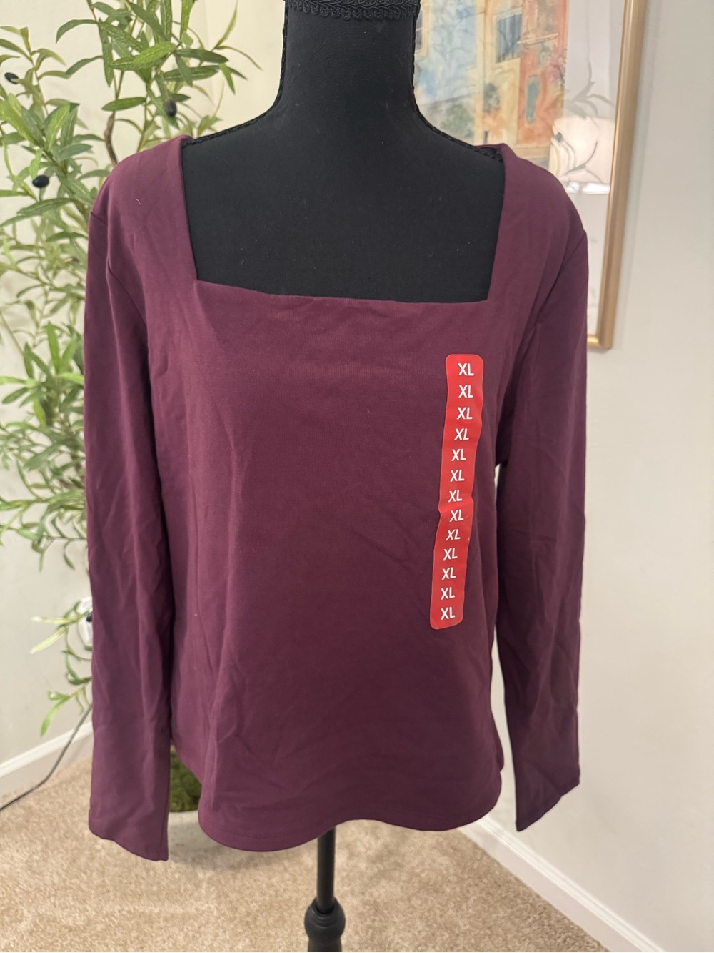 Express Women's Square Neck Long Sleeve Top - Burgundy
